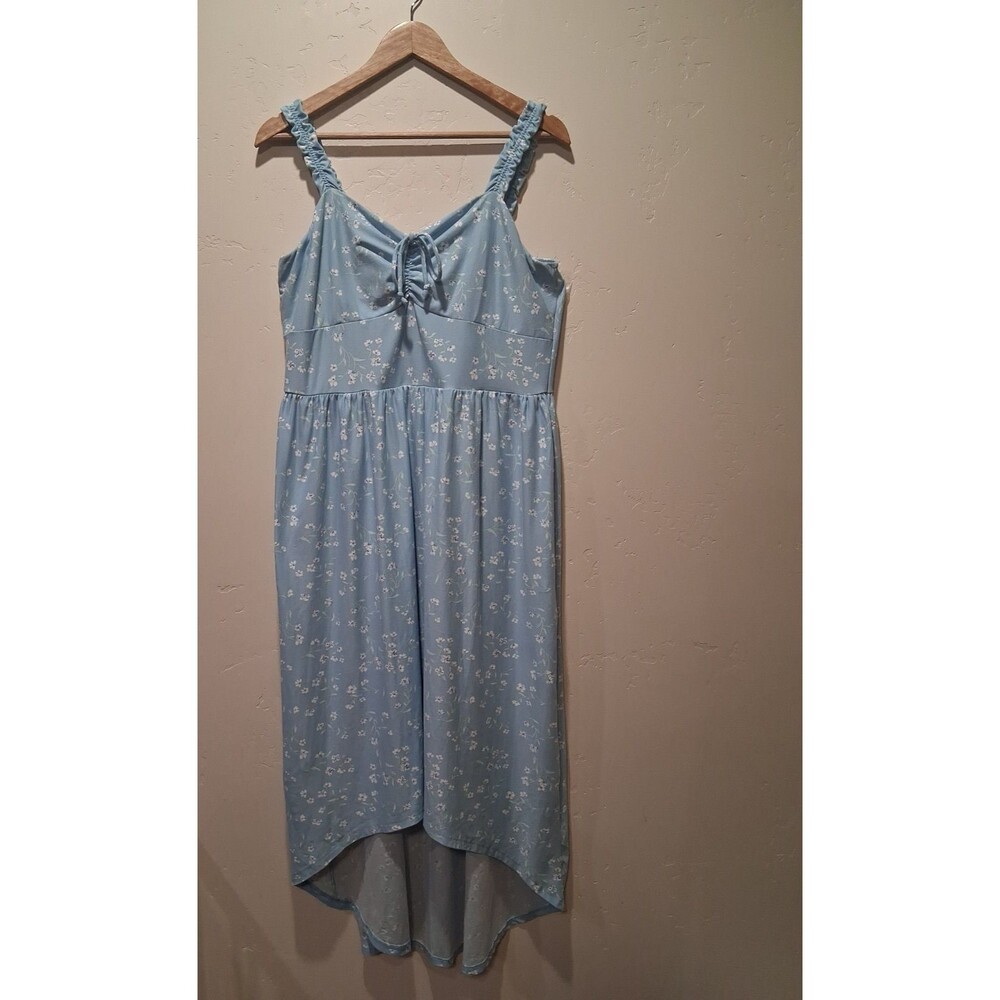 Womens XL Blue Ditsy Floral Milkmaid Dress High Low Cottagecore Coquette‎ Summer